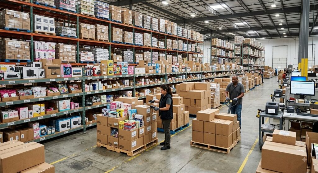 Amazon wholesale suppliers warehouse with bulk inventory and packed shipping boxes