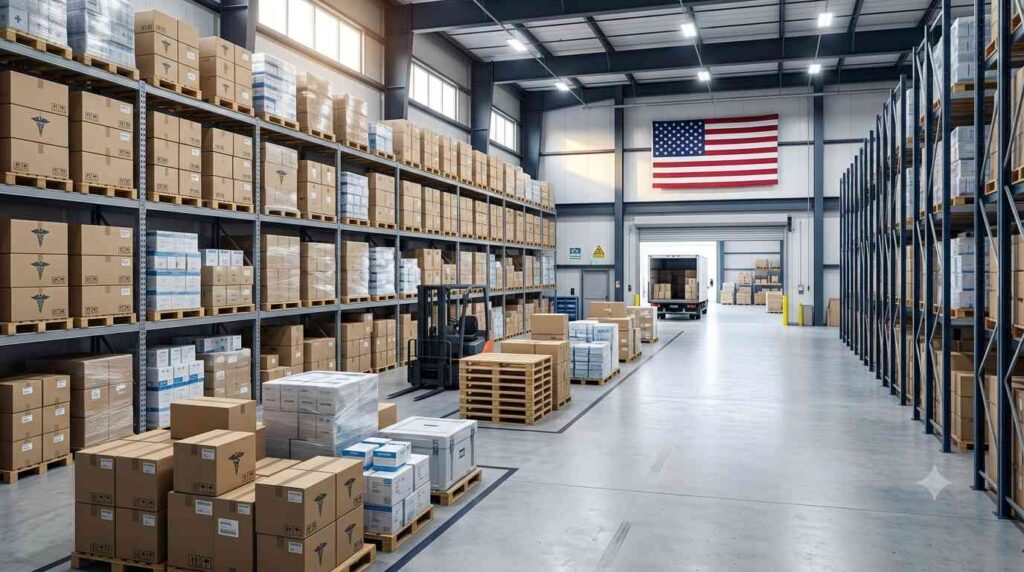 Modern American distribution warehouse featuring organized healthcare and medical supply packages for Wholesale Distributors USA